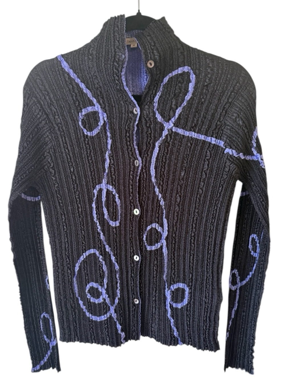 Black Ribbed Button-Front Cardigan with Lavender Swirl Detailing